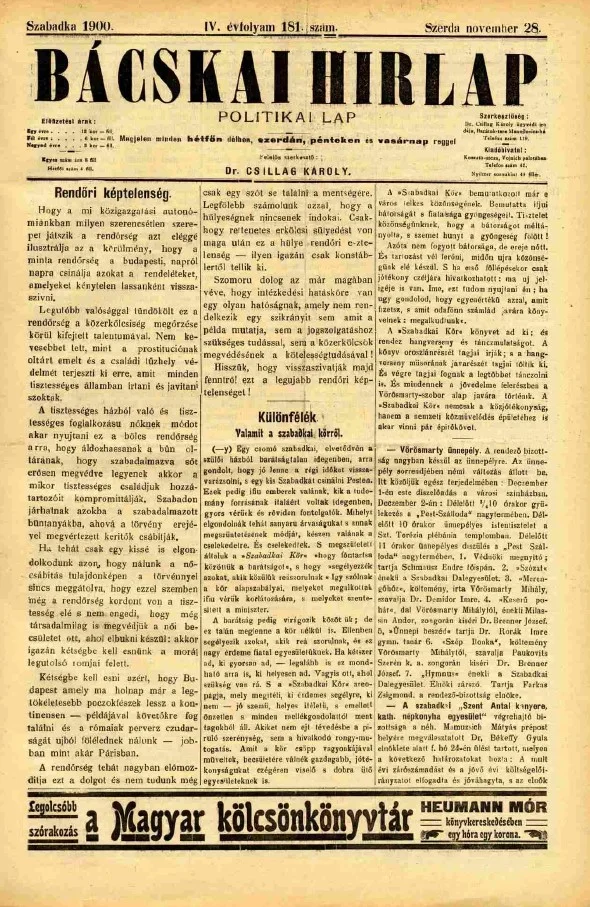 Bácskai Hirlap, 4. évf. 1900. november 28. 181. sz.
