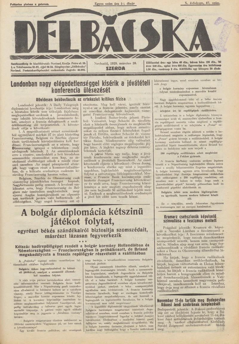 Délbácska, 10. évf. 1929. március 20. 67. sz.