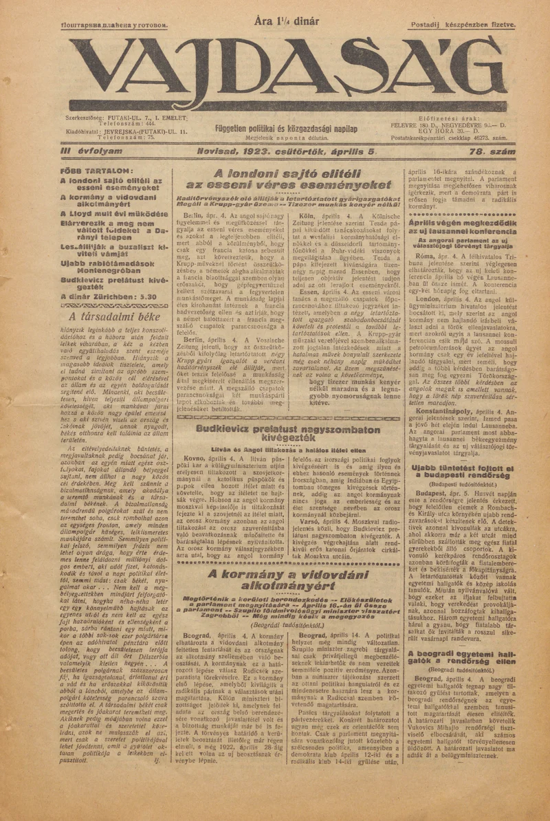 Vajdaság, 3. évf. 1923. április 5. 78. sz.