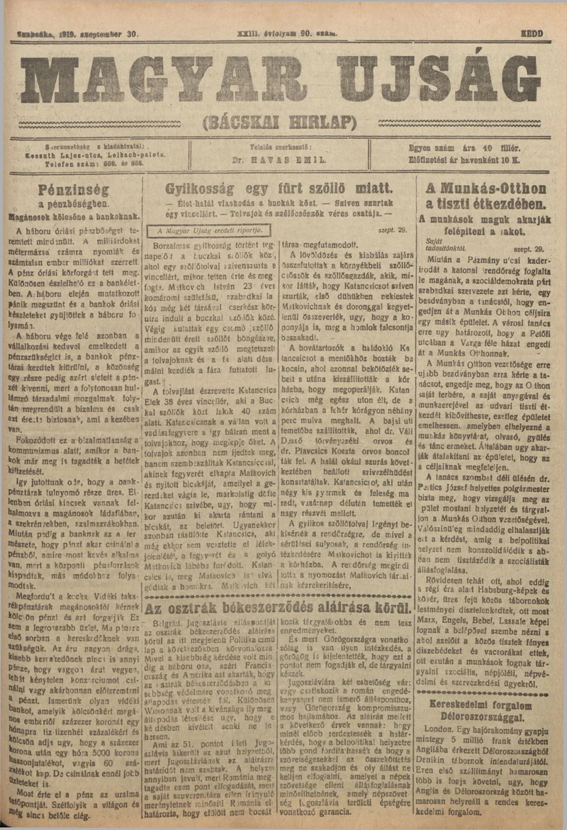 Bácskai Hirlap, 23. évf. 1919. szeptember 30. 90. sz.