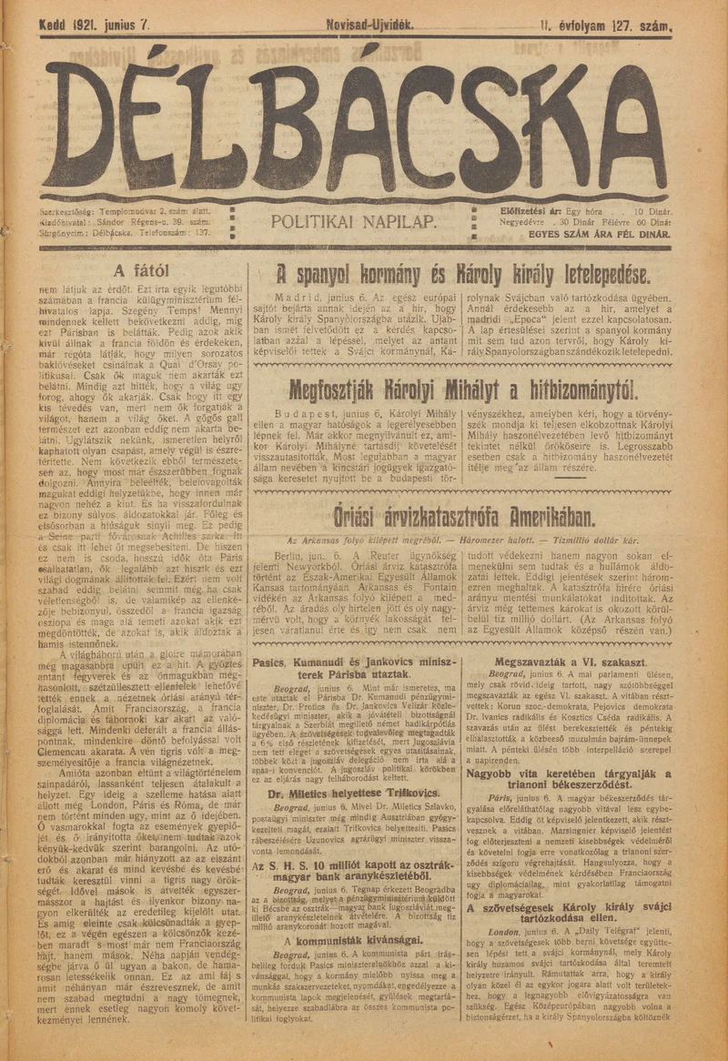 Délbácska, 2. évf. 1921. június 7. 127. sz.