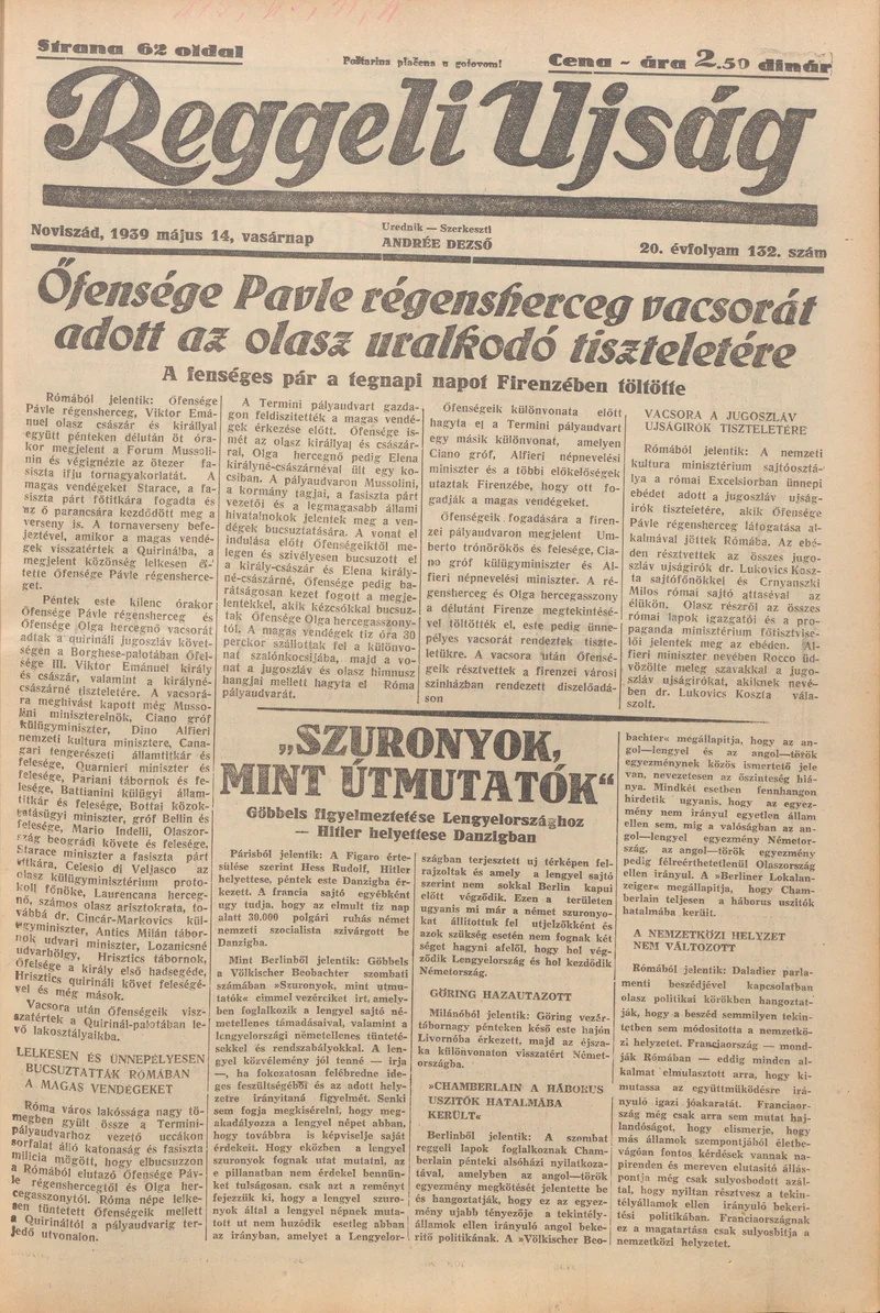 Reggeli Újság, 20. évf. 1939. május 14. 132. sz.