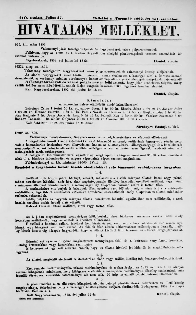 A Totontál  hivatalos melléklete, 5. évf. 1892. július 27. 119. sz.
