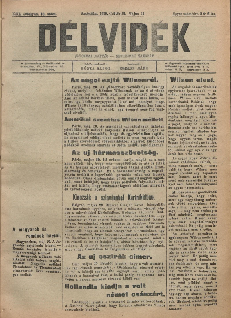 Délvidék, 13. évf. 1919. május 22. 93. sz.