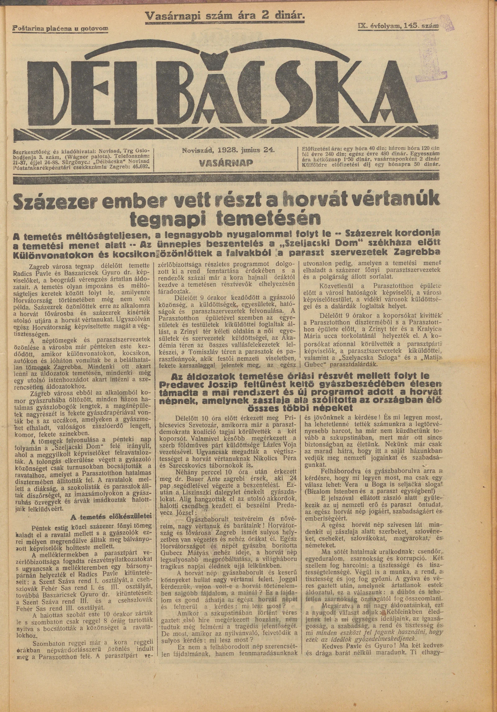 Délbácska, 9. évf. 1928. június 24. 145. sz.