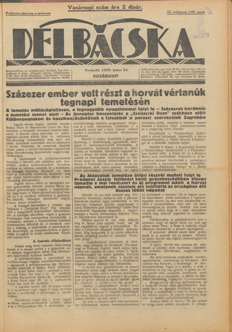 Délbácska, 9. évf. 1928. június 24. 145. sz.