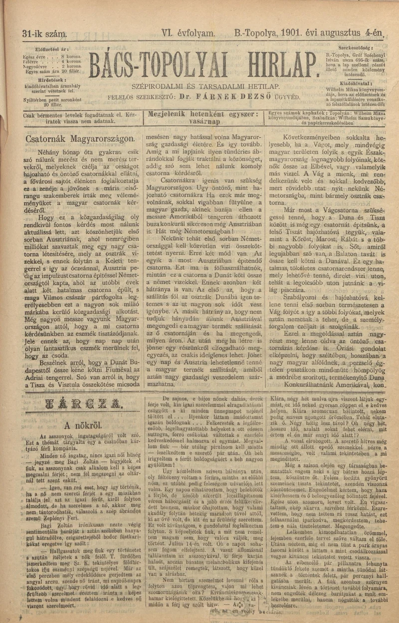 Bács-Topolyai Hirlap, 6. évf. 1901. augusztus 4. 31. sz.