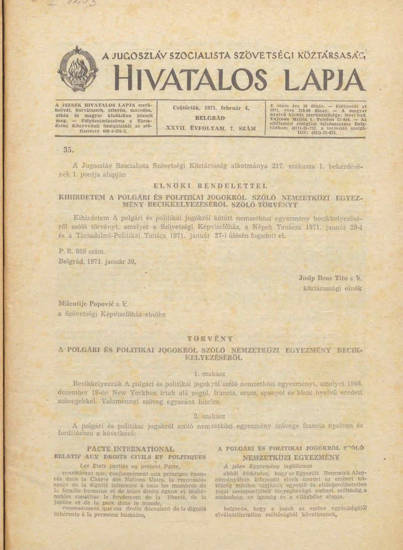 A Jugoszláv Szocialista Szövetségi Köztársaság Hivatalos Lapja, 27. évf. 1971. február 4. 7. sz. 73–136. oldal