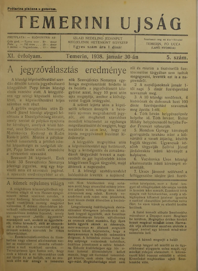 Temerini Újság 1928-1944, 11. évf. 1938. január 30. 5. sz.