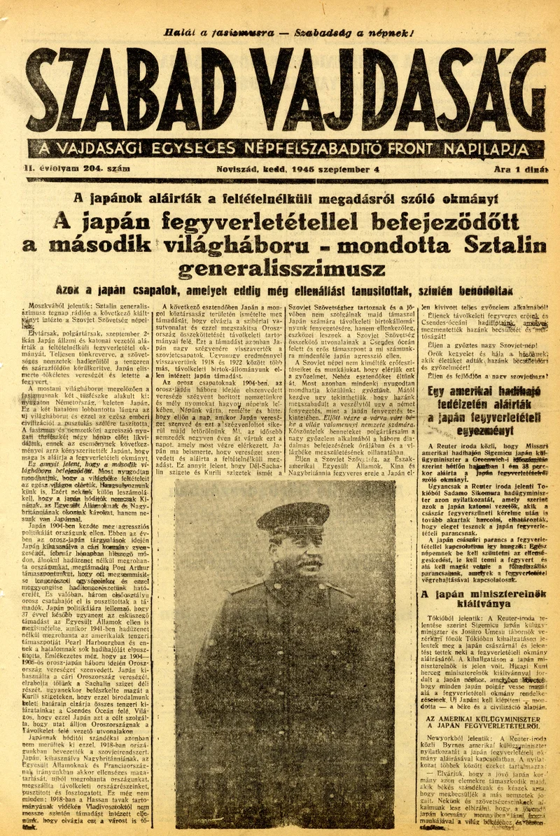 Szabad Vajdaság, 2. évf. 1945. szeptember 4. 204. sz.