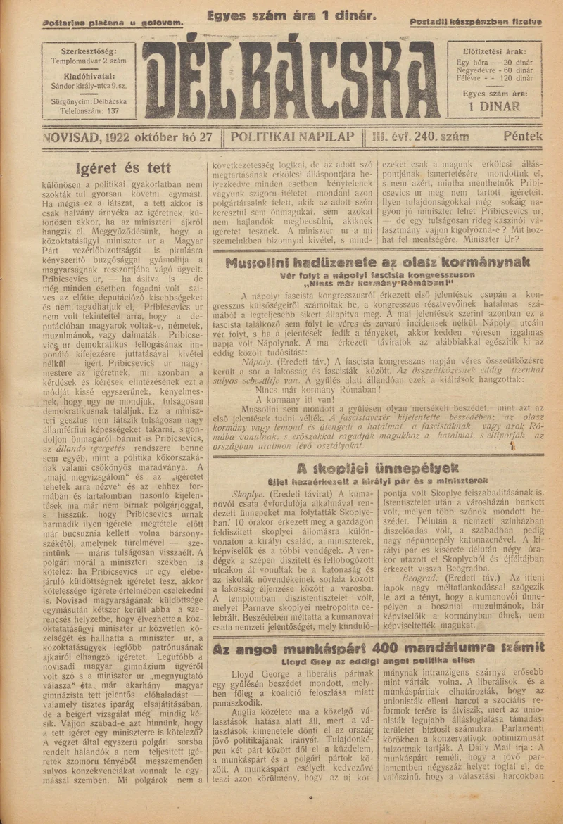 Délbácska, 3. évf. 1922. október 27. 240. sz.