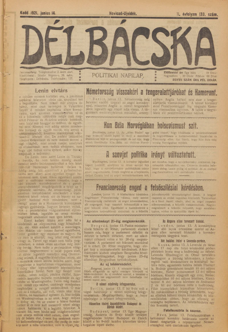Délbácska, 2. évf. 1921. június 14. 133. sz.