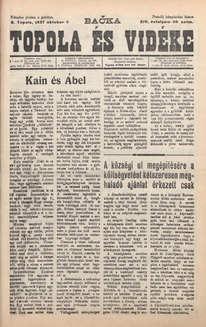 Bačka Topola és Vidéke, 14. évf. 1937. október 3. 40. sz.