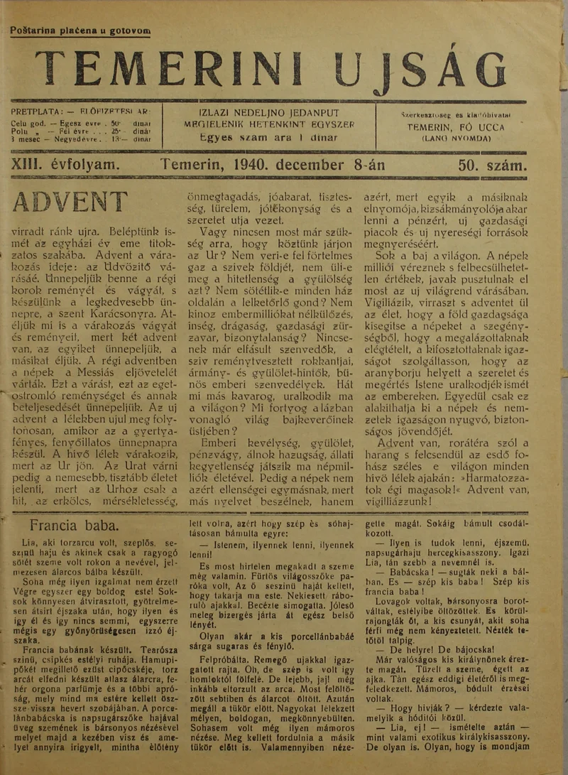 Temerini Újság 1928-1944, 13. évf. 1940. december 8. 50. sz.