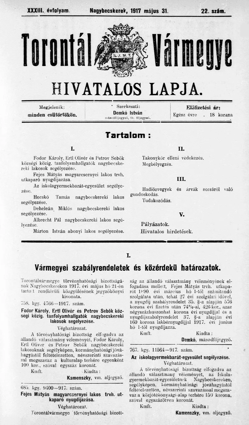 Torontál Vármegye Hivatalos Lapja, 33. évf. 1917. május 31. 22. sz.