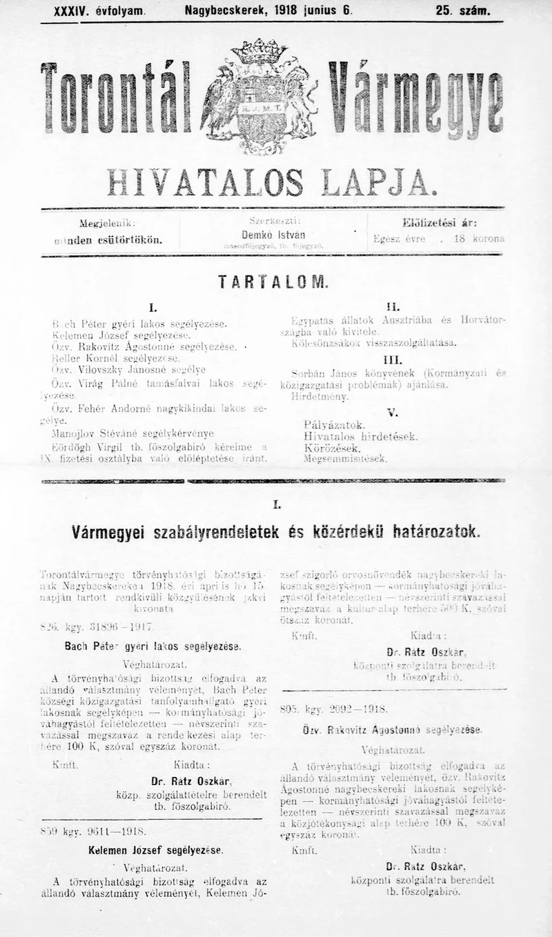 Torontál Vármegye Hivatalos Lapja, 34. évf. 1918. június 6. 25. sz.