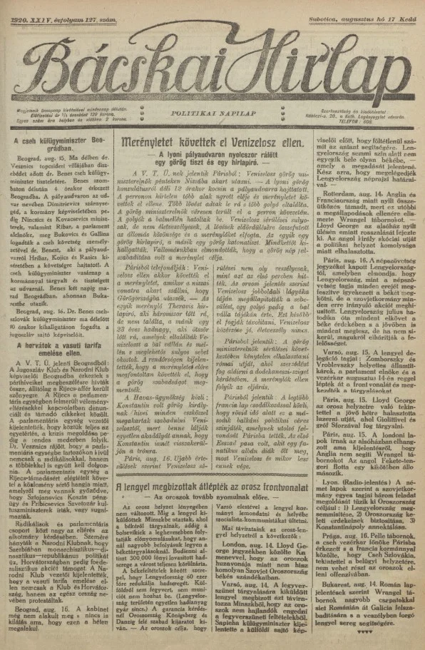 Bácskai Hirlap, 24. évf. 1920. augusztus 17. 127. sz.