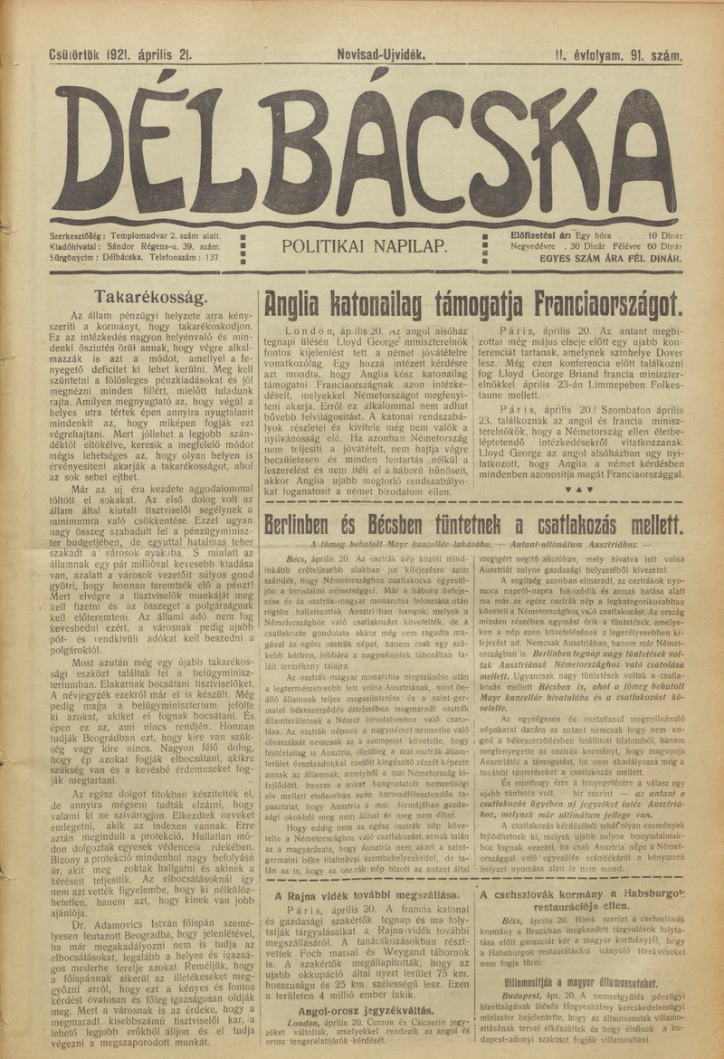 Délbácska, 2. évf. 1921. április 21. 91. sz.
