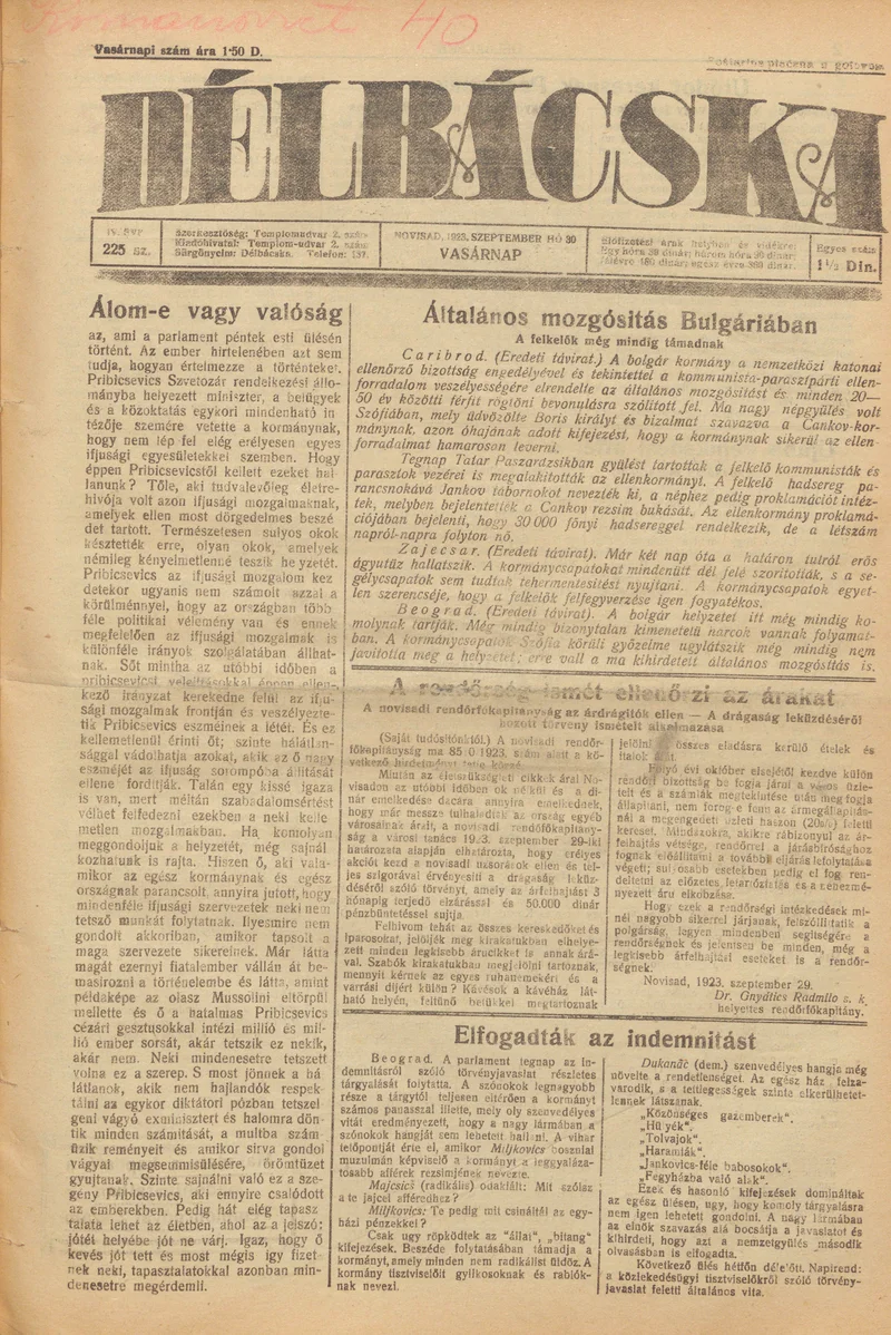Délbácska, 4. évf. 1923. szeptember 30. 225. sz.