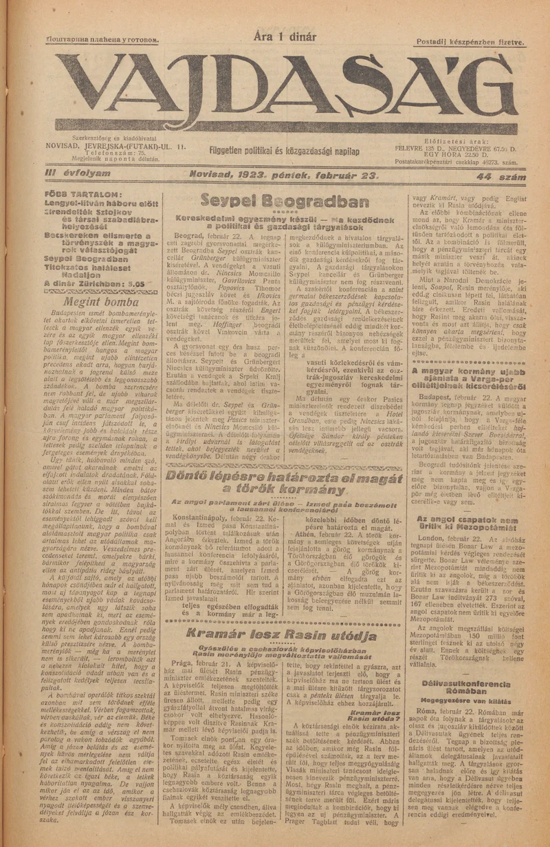 Vajdaság, 3. évf. 1923. február 23. 44. sz.