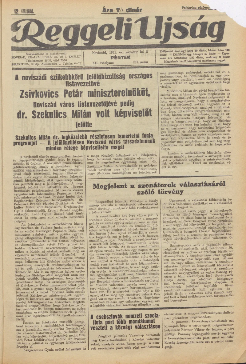 Reggeli Újság, 12. évf. 1931. október 2. 231–321. sz.