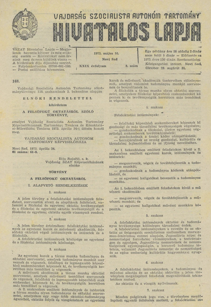 Vajdaság Szocialista Autonóm Tartomány Hivatalos Lapja, 29. évf. 1973. május 16. 8. sz. 185–200. oldal