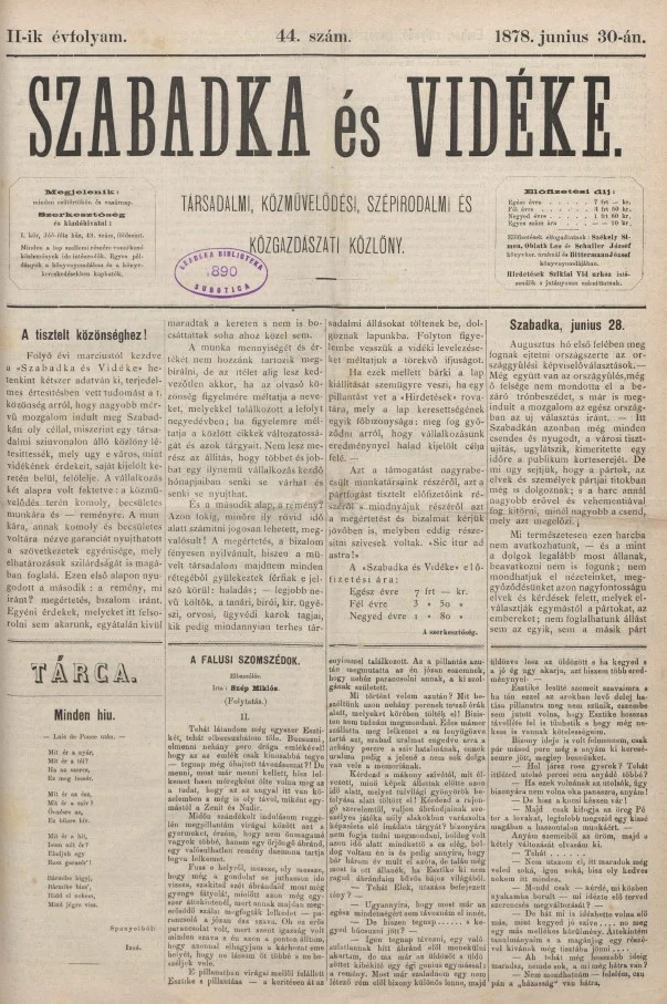 Szabadka és vidéke, 2. évf. 1878. június 30. 44. sz.
