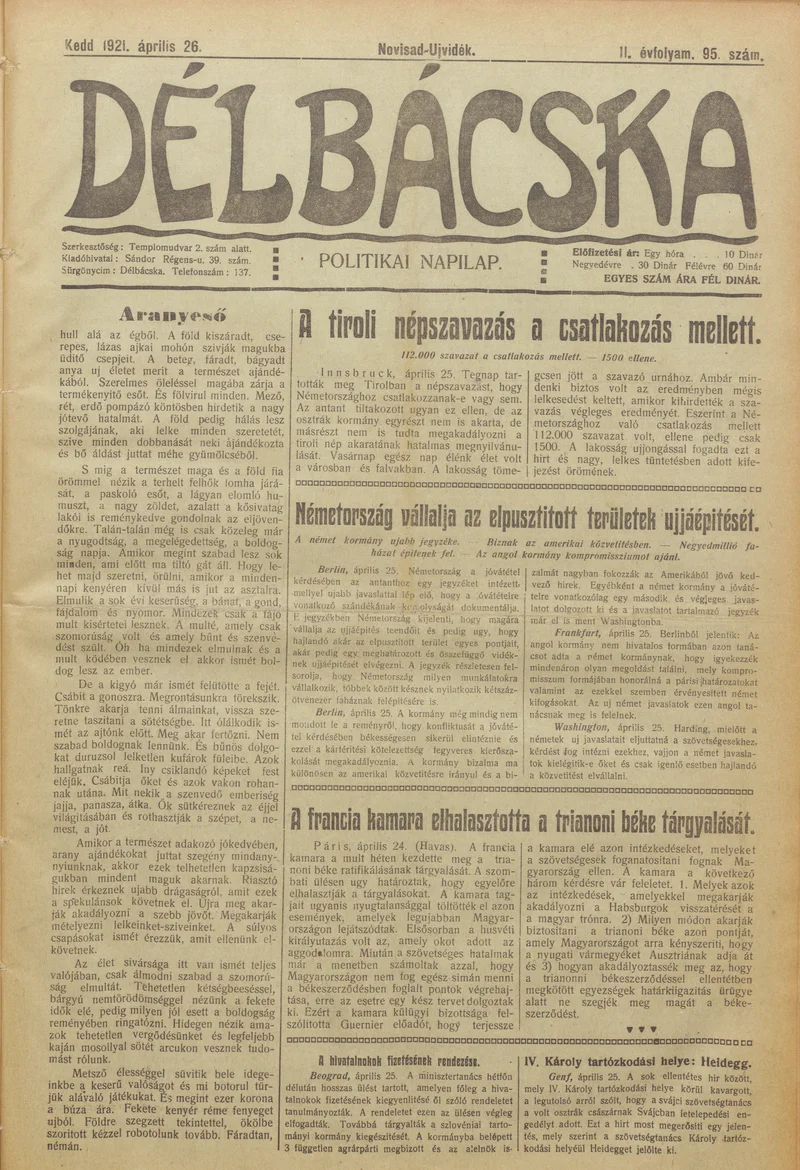 Délbácska, 2. évf. 1921. április 26. 95. sz.