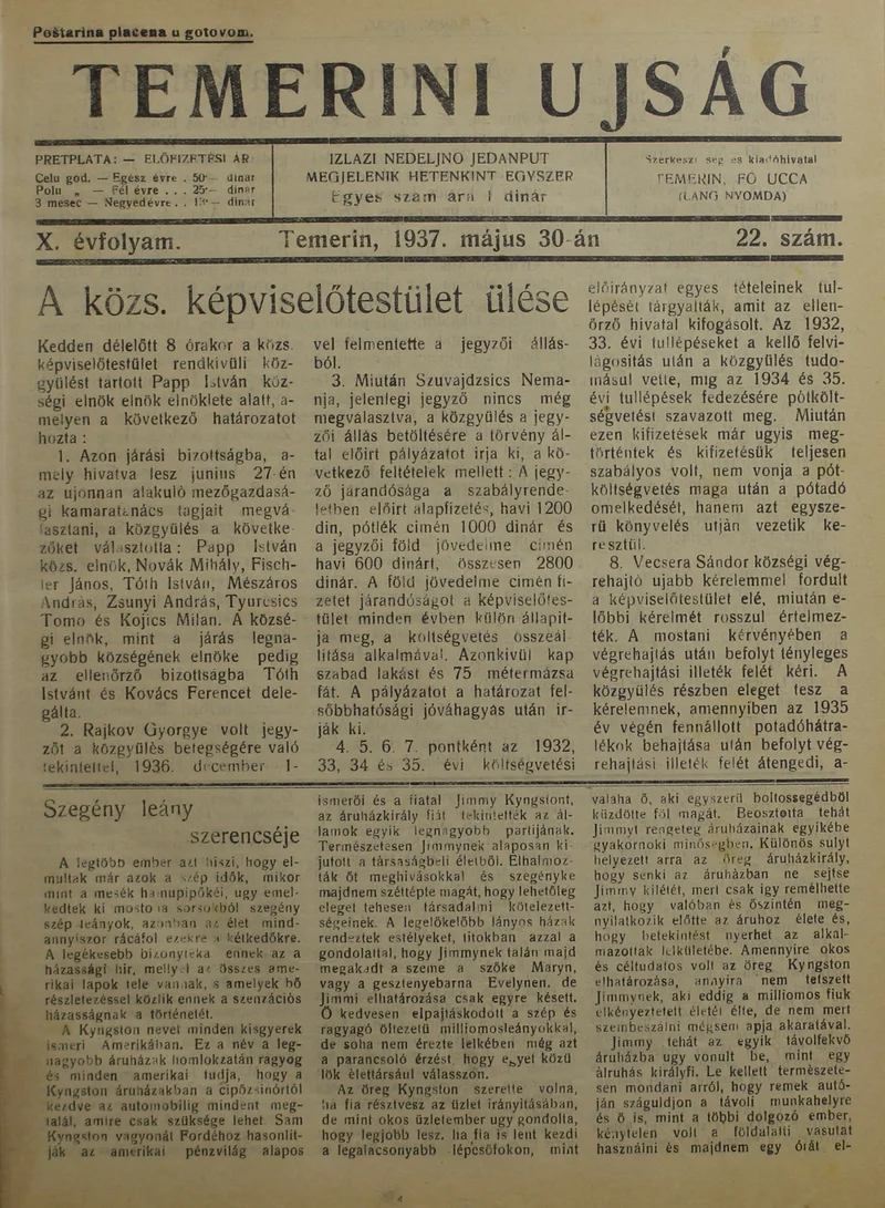 Temerini Újság 1928-1944, 10. évf. 1937. május 30. 22. sz.