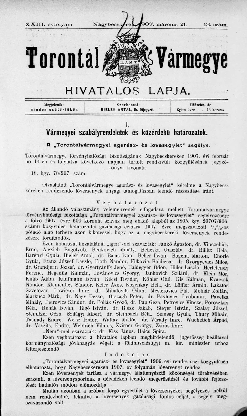 Torontál Vármegye Hivatalos Lapja, 23. évf. 1907. március 21. 13. sz.