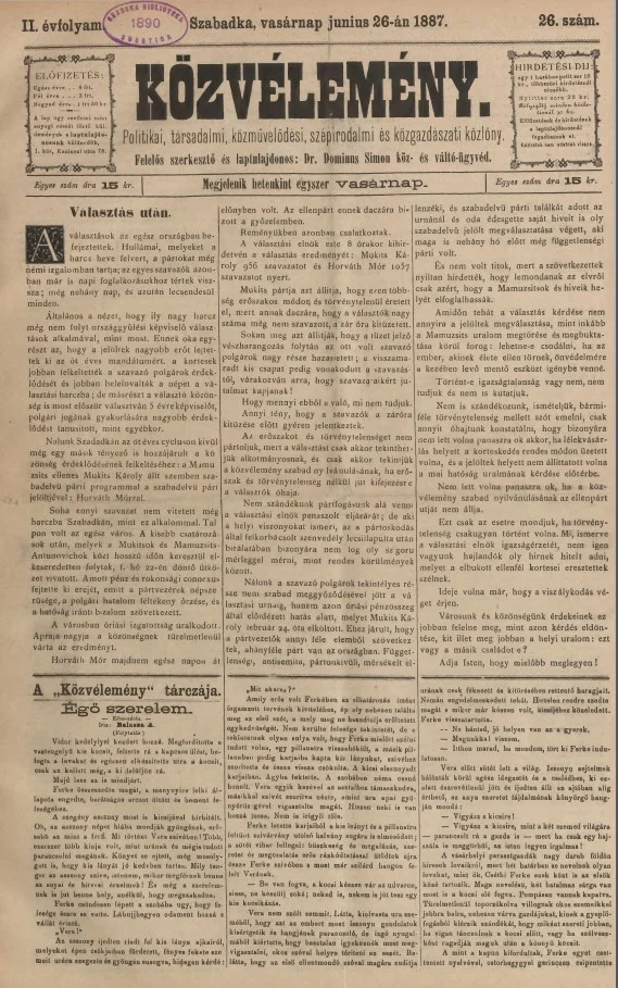 Közvélemény, 2. évf. 1887. június 26. 26. sz.