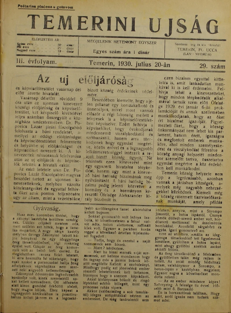Temerini Újság 1928-1944, 3. évf. 1930. július 20. 29. sz.