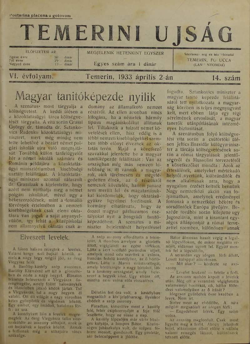 Temerini Újság 1928-1944, 6. évf. 1933. április 2. 14. sz.