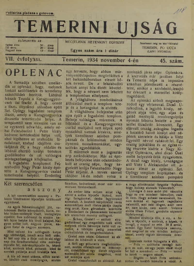 Temerini Újság 1928-1944, 7. évf. 1934. november 4. 45. sz.
