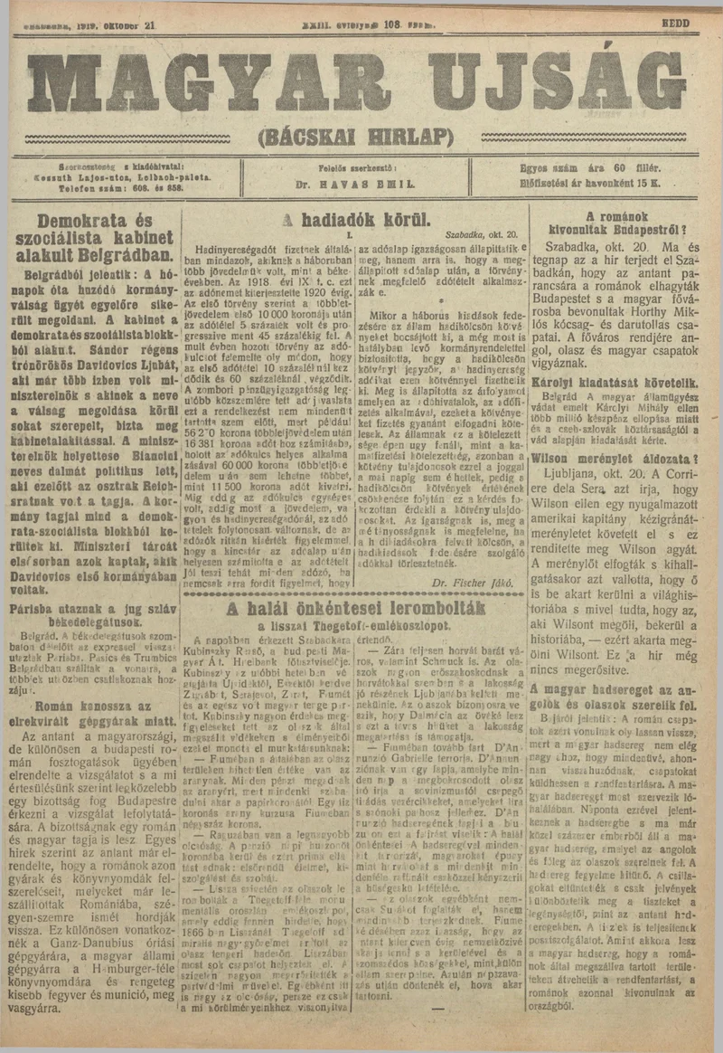 Bácskai Hirlap, 23. évf. 1919. október 21. 108. sz.