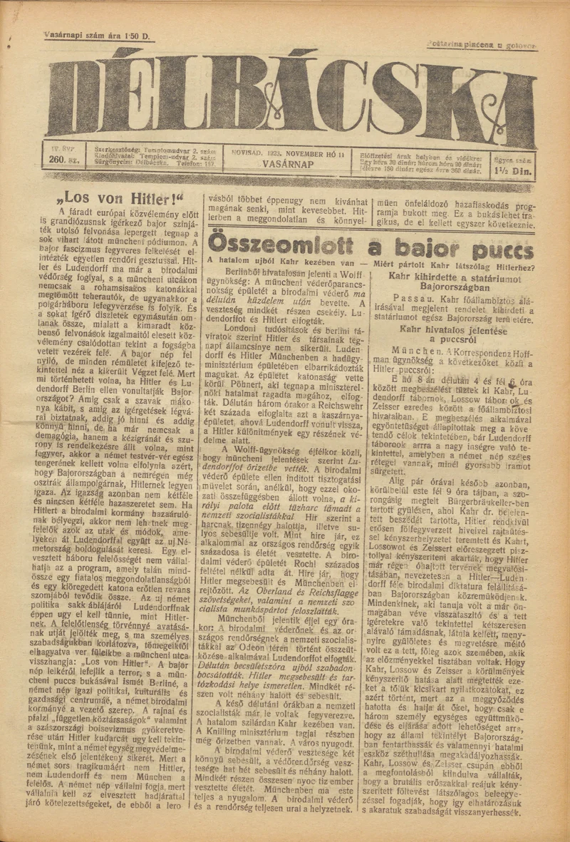 Délbácska, 4. évf. 1923. november 11. 260. sz.