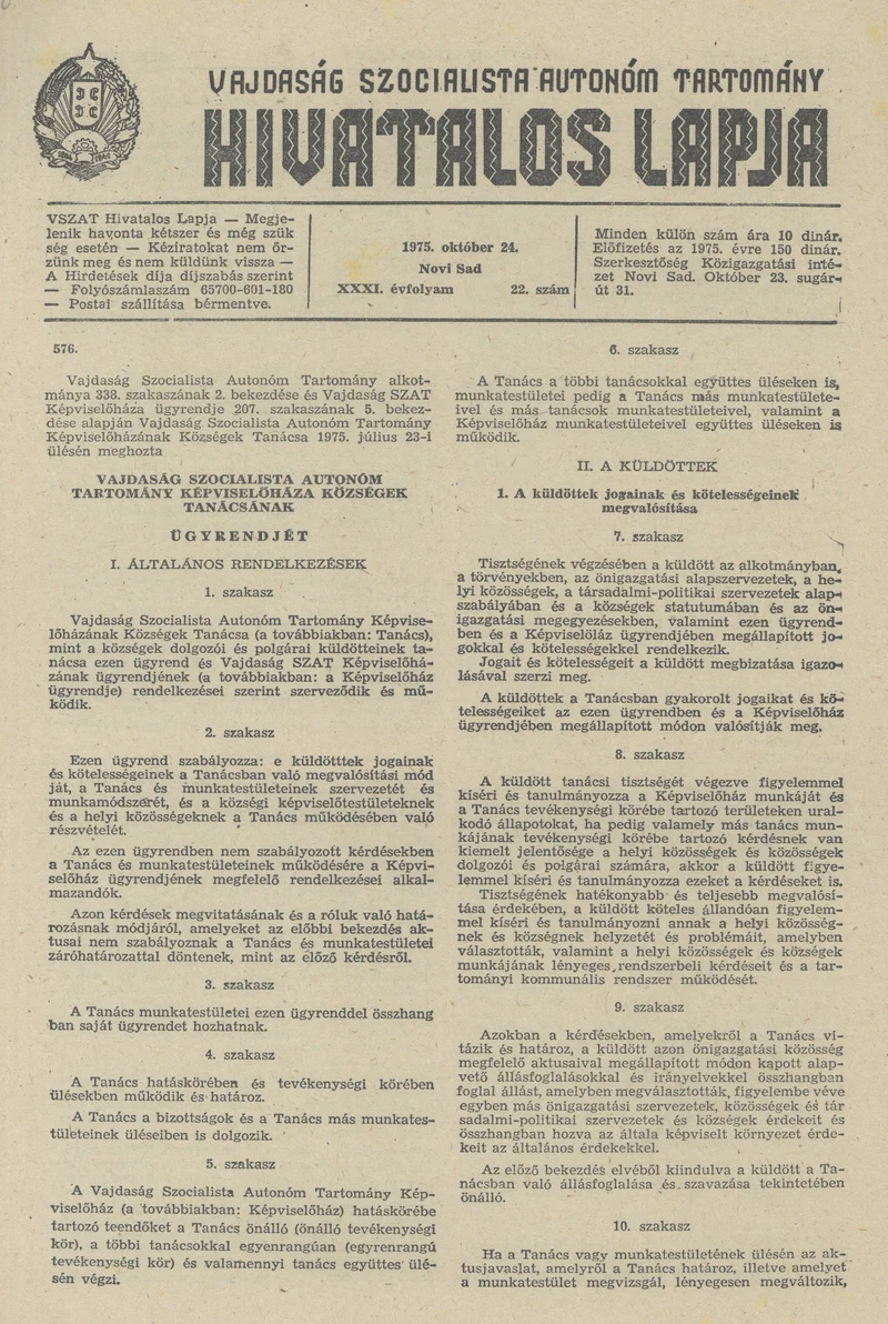 Vajdaság Szocialista Autonóm Tartomány Hivatalos Lapja, 31. évf. 1975. október 24. 22. sz. 929–952. oldal