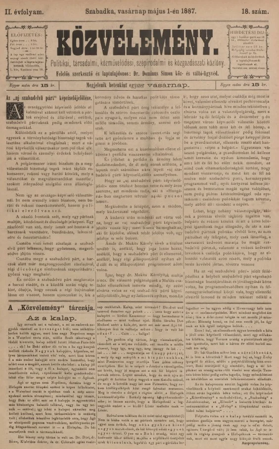 Közvélemény, 2. évf. 1887. május 1. 18. sz.