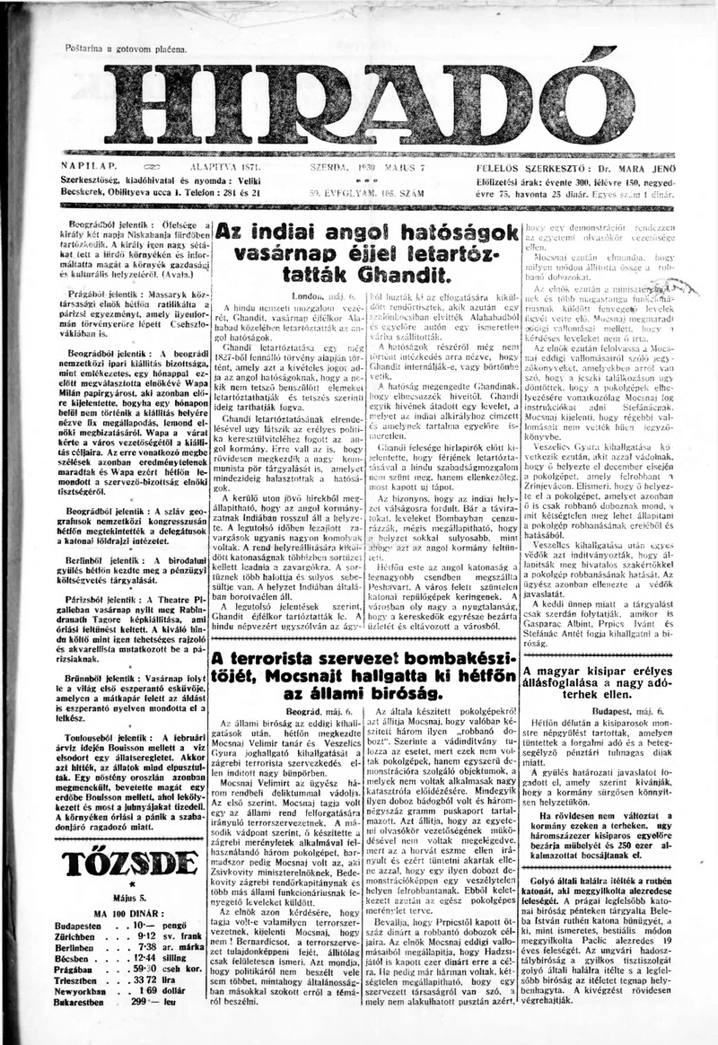 Híradó, 59. évf. 1930. május 7. 105. sz.