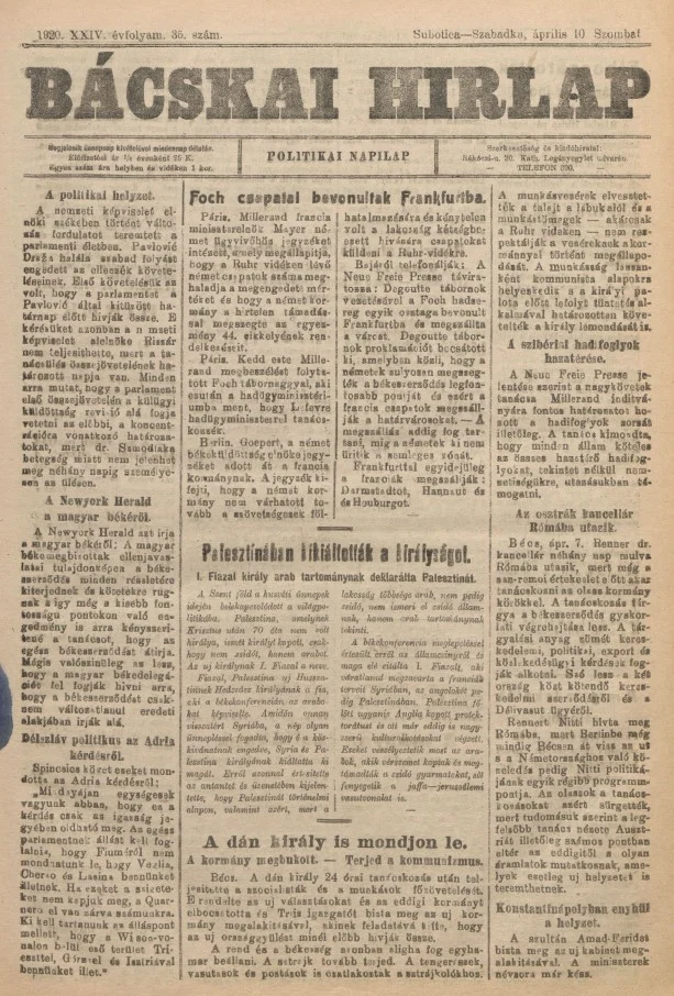 Bácskai Hirlap, 24. évf. 1920. április 10. 35. sz.