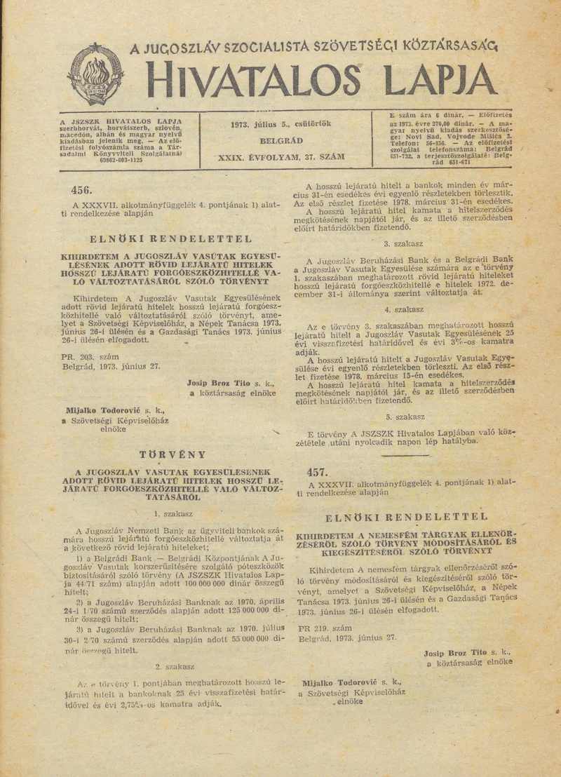 A Jugoszláv Szocialista Szövetségi Köztársaság Hivatalos Lapja, 29. évf. 1973. július 5. 37. sz. 1125–1176. oldal