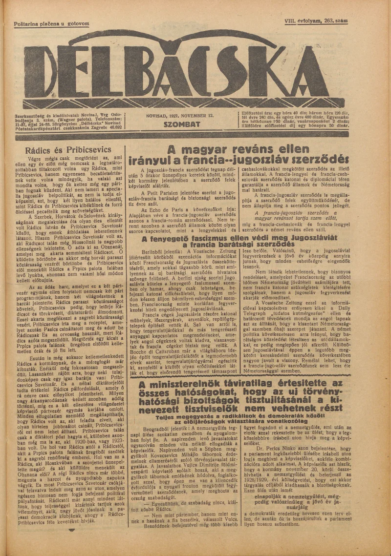 Délbácska, 8. évf. 1927. november 12. 263. sz.
