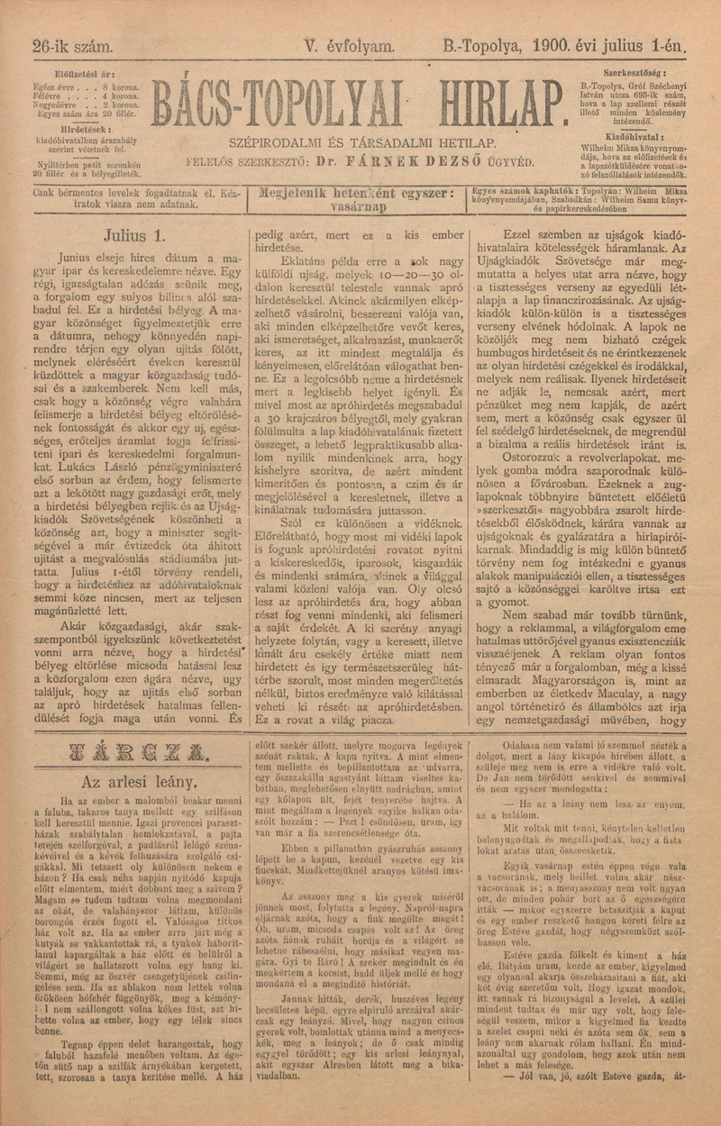 Bács-Topolyai Hirlap, 5. évf. 1900. július 1. 26. sz.