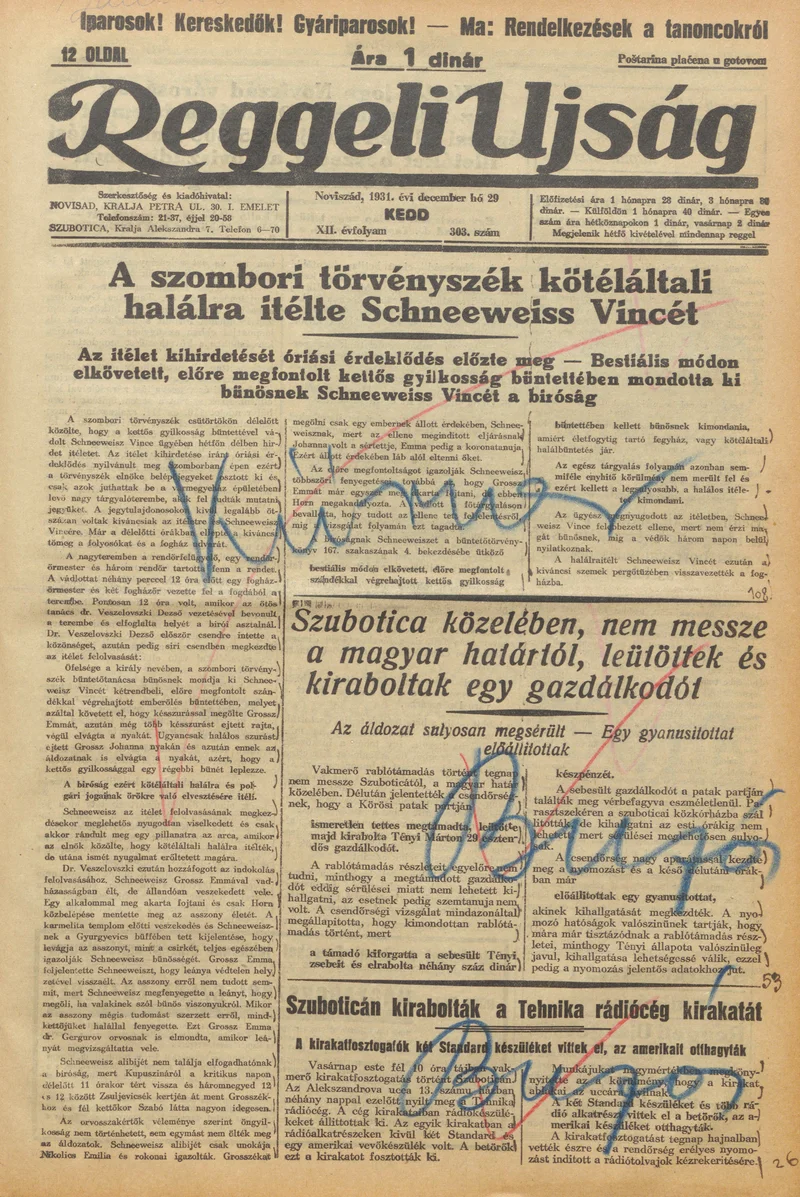 Reggeli Újság, 12. évf. 1931. december 29. 303. sz.