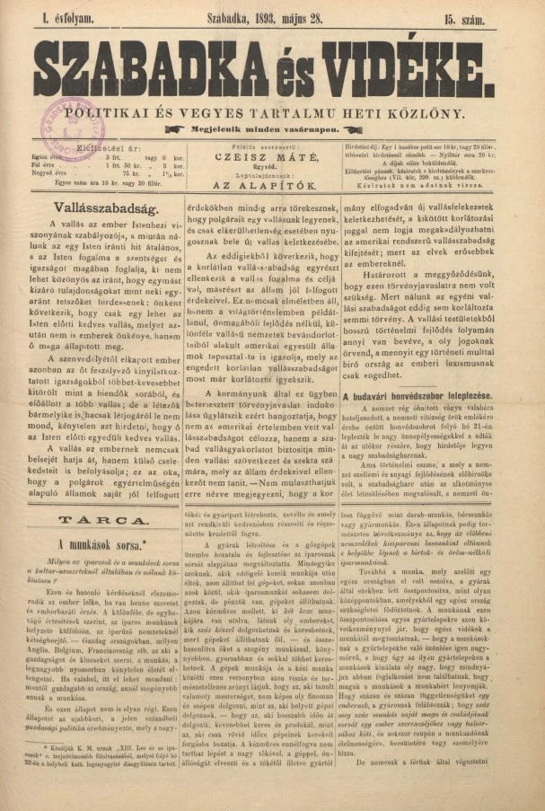 Szabadka és vidéke II, 1. évf. 1893. május 28. 15. sz.