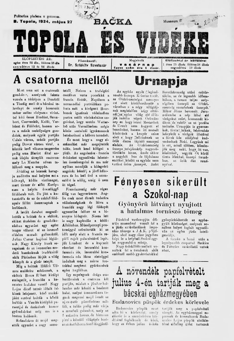 Bačka Topola és Vidéke, 11. évf. 1934. május 27. 21. sz.