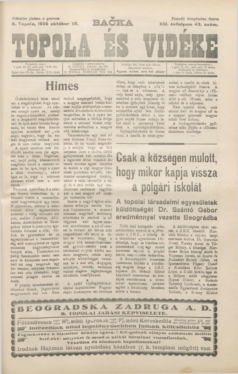 Bačka Topola és Vidéke, 13. évf. 1936. október 18. 42. sz.