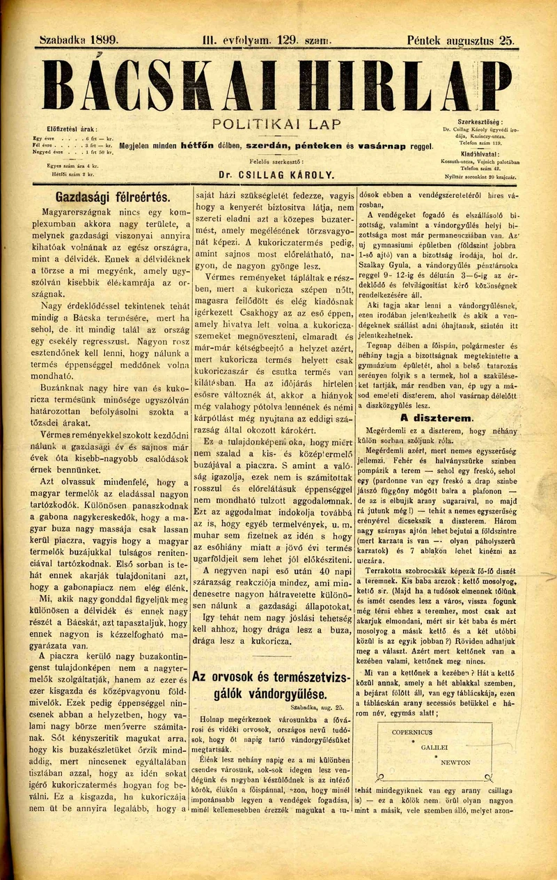 Bácskai Hirlap, 3. évf. 1899. augusztus 25. 129. sz.