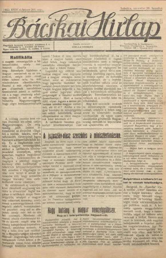 Bácskai Hirlap, 24. évf. 1920. november 20. 201. sz.