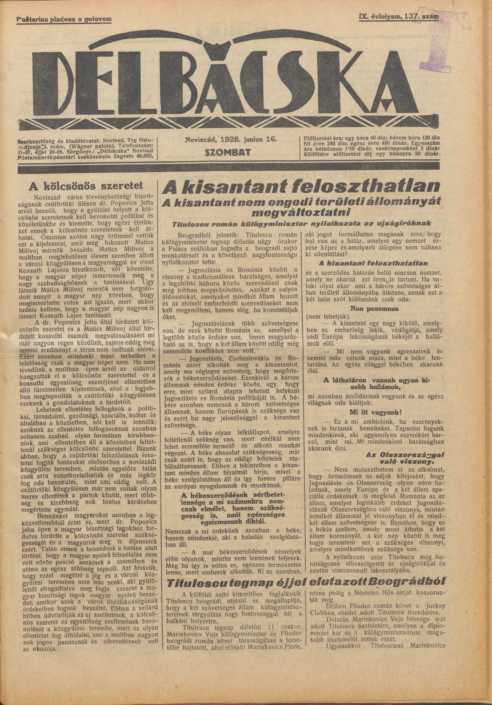 Délbácska, 9. évf. 1928. június 16. 137. sz.
